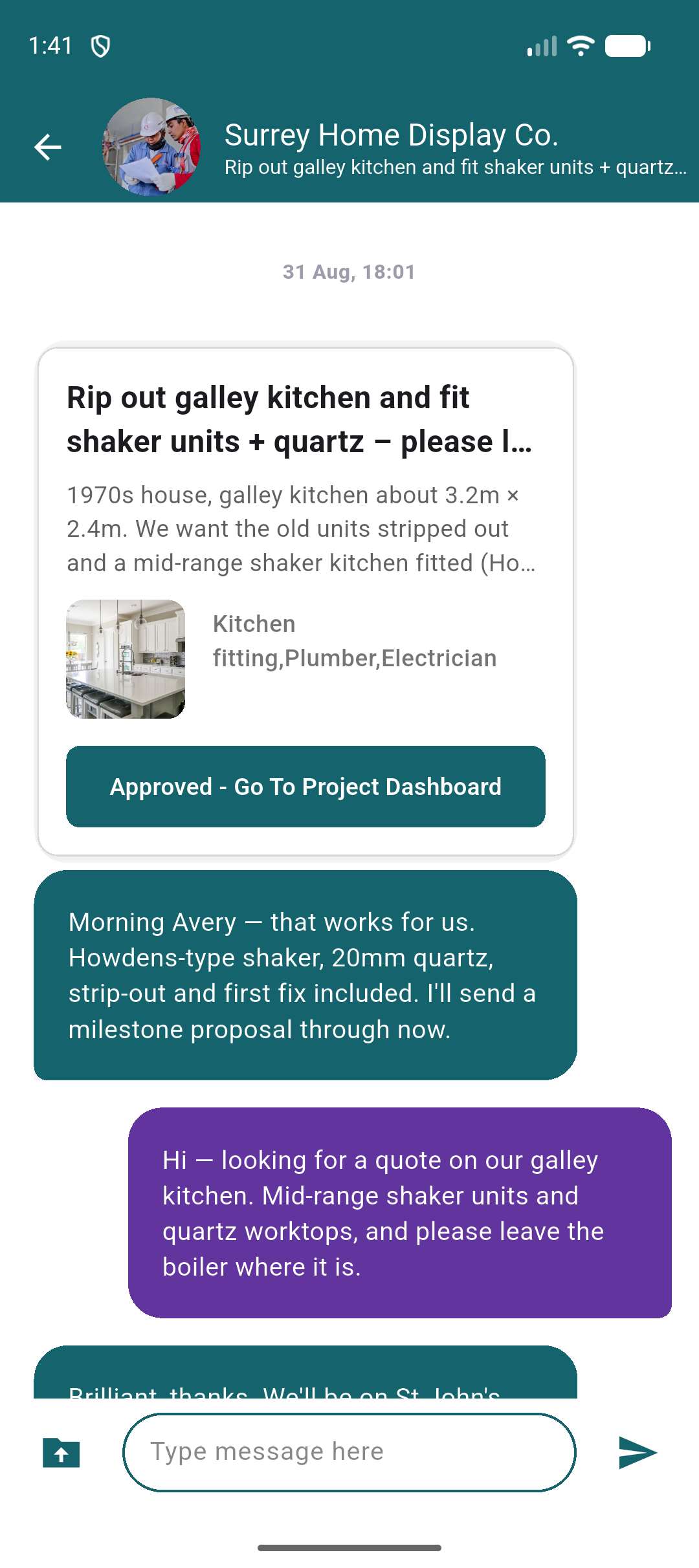 Fort app chat with a homeowner about a project proposal