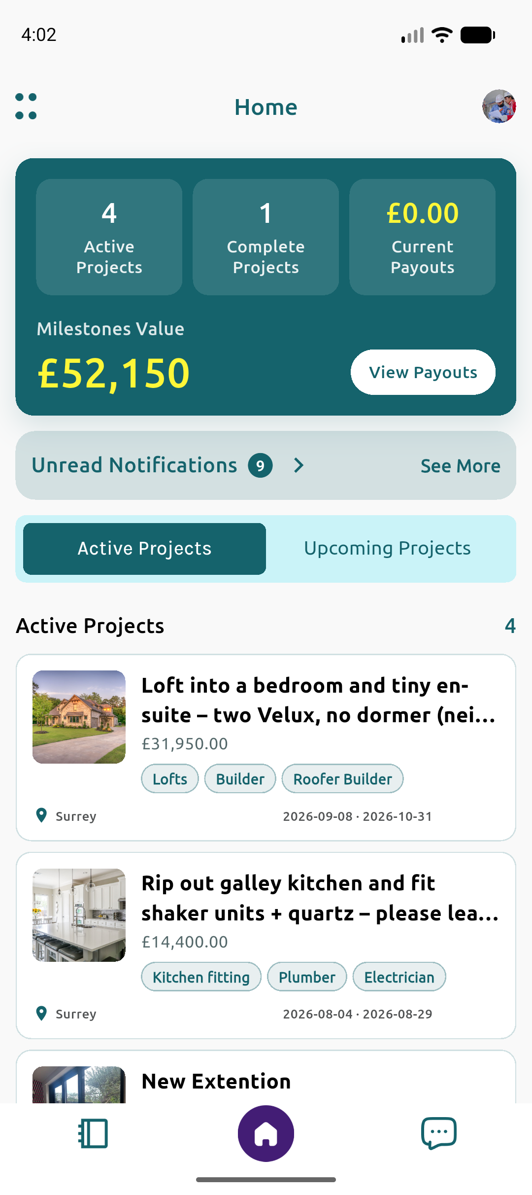 Fort tradesperson home with active projects and collapsed notifications
