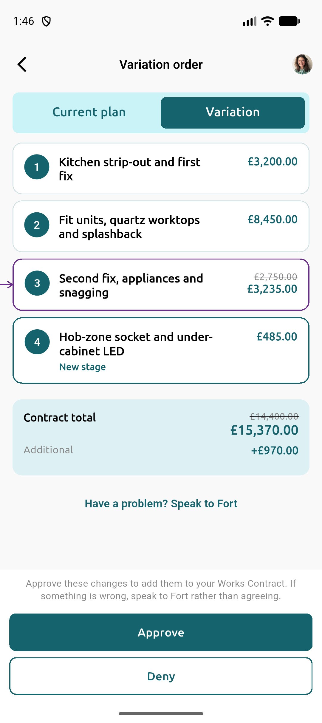 Fort app variation order review screen